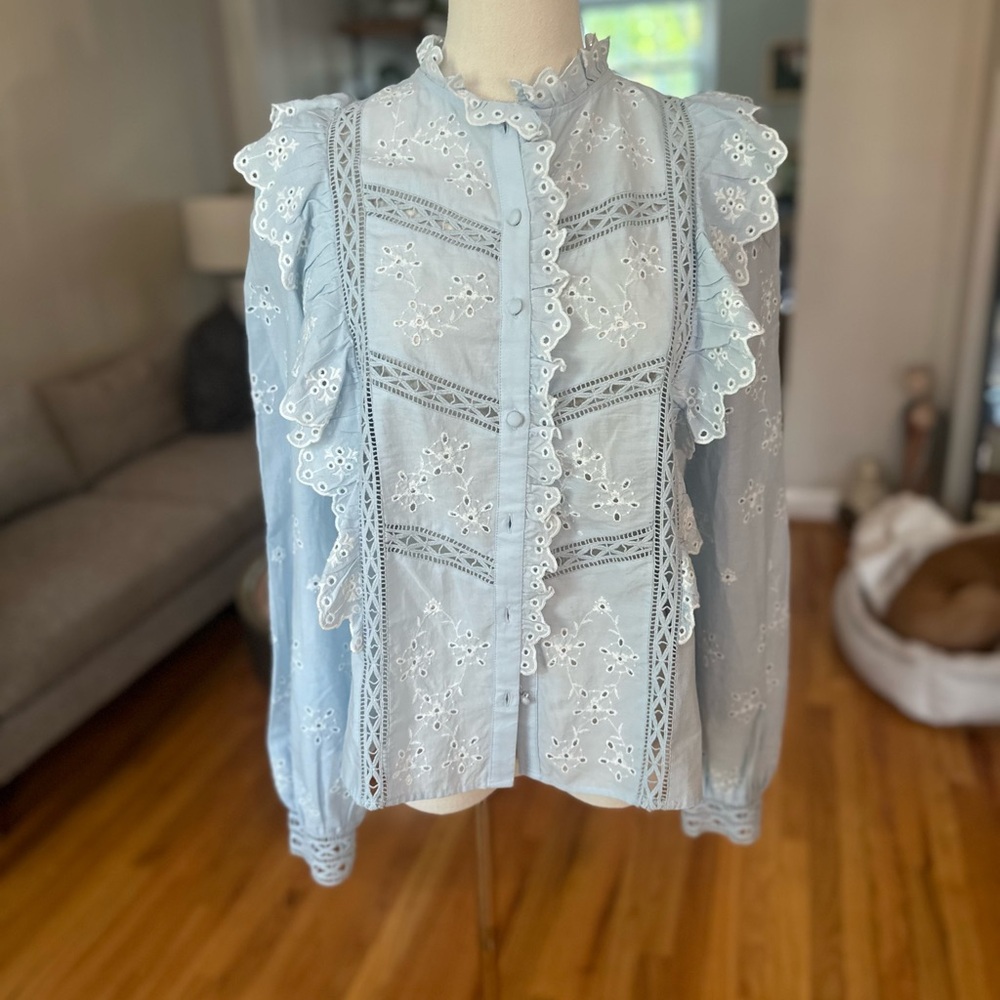Sezane Blue Ruffled Eyelet Blouse sz4